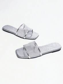 1 Pair Solid Color Fashion Hollow Silver Flat Sandals, Vacation Autumn/Winter Casual Comfortable Slip-On - Silver - View 6