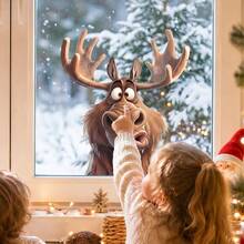 1pc 2D Christmas Reindeer Window Sticker With Face And Tongue Out Light String Tree, Festive And Cozy - Multicolor - View 1