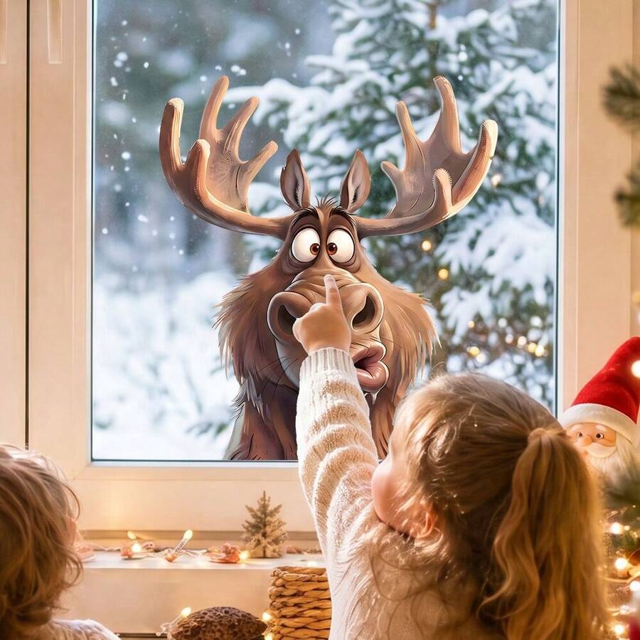 1pc 2D Christmas Reindeer Window Sticker With Face And Tongue Out Light String Tree, Festive And Cozy - Multicolor - View 1