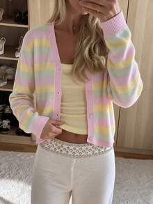 FOR BEAUTY Fall Winter French Chic Pastel Striped V Neck Button Front Knit Cardigan Sweater Tops Outerwear Women Street Coffee Dating Outfits - Multicolor - View 2