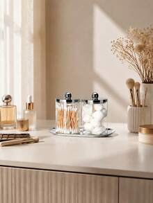 1/2pcs Transparent Bathroom Storage Canisters With Lids And Black Tray, Cotton Swab And Dental Floss Holder, Suitable For Vanity Countertop - Multicolor - View 10