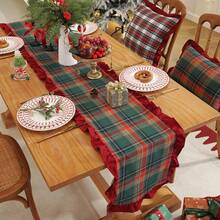 1pc Christmas Plaid Patchwork Velvet Ruffle Table Runner, Suitable For Christmas Holiday And Home Decor - Green Plaid - View 2