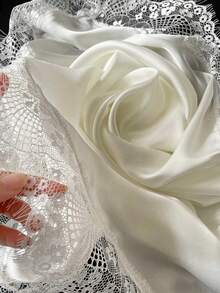 1 Piece Luxury Satin Hijab With Delicate Lace Trim - Silky Muslim Headscarf For Formal Events, Weddings & Daily Use - White - View 3