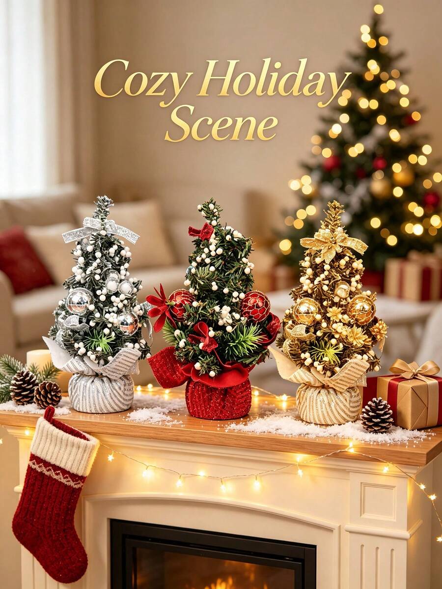 1 Set Of Mini Christmas Trees, Perfect For Home And Desktop Decorations. Adorned With Berries, Snowflakes, And Greenery. Suitable For Christmas Decorations, Table Decorations, Home Decor, And Room Decor. - Multicolor - View 1