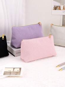 Corduroy Pencil Case, Minimalist Solid Color, Durable, Large Capacity, Essential For Students To Store Stationery. - Random Color - View 2