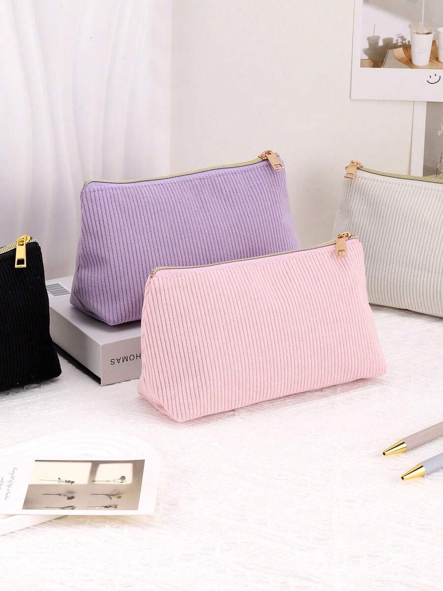 Corduroy Pencil Case, Minimalist Solid Color, Durable, Large Capacity, Essential For Students To Store Stationery.