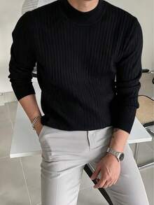Men's Ribbed Slim Fit Regular Shoulder Mercerized Mock Neck Long Sleeve Sweater - Black - View 3
