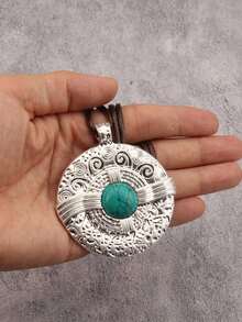 1pc Bohemian Western Cowboy Style Double Layer Asymmetrical Oval Ring Pendant Necklace With Faux Turquoise Inlay, Halloween Party Gathering Daily Accessory, Unisex Couple Necklace - Wax Rope - View 7