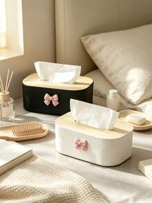 Cute Bow Decor Tissue Box, Minimalist Wood Grain Napkin Dispenser, Bedroom Living Room Office Desktop Tissue Holder, Home Decor Organizer, Rectangular Vertical Striped Tissue Storage Rack, Bedroom, Living Room, Office, Car Desktop Napkin Container, Beautiful Home Decor Organizer, Gift Choice - Multicolor - View 1