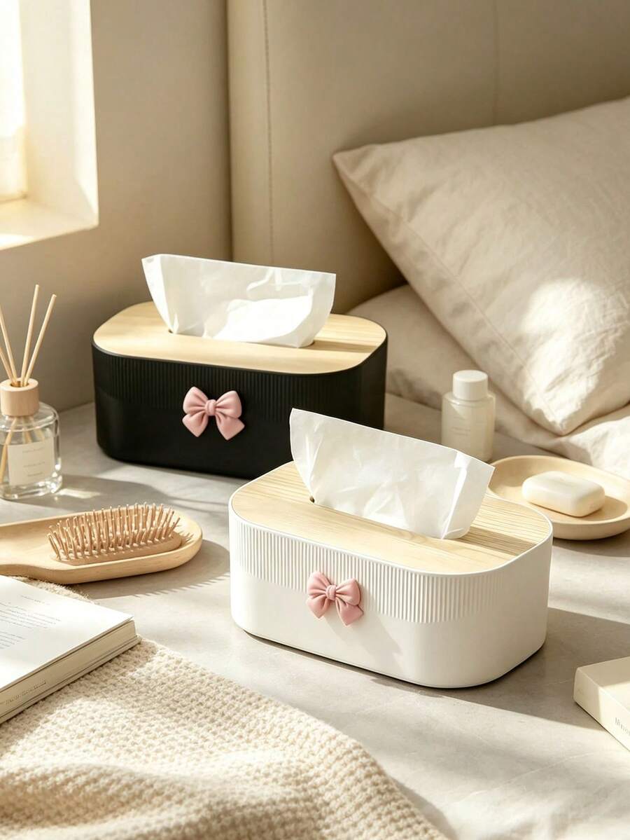 Cute Bow Decor Tissue Box, Minimalist Wood Grain Napkin Dispenser, Bedroom Living Room Office Desktop Tissue Holder, Home Decor Organizer, Rectangular Vertical Striped Tissue Storage Rack, Bedroom, Living Room, Office, Car Desktop Napkin Container, Beautiful Home Decor Organizer, Gift Choice - Multicolor - View 1