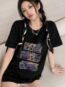 Japanese Style Women's Loose Casual Crew Neck Cartoon Cat Print Short Sleeve T-Shirt, Spring/Summer Black - Black - View 1