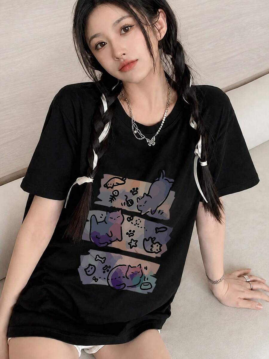 Japanese Style Women's Loose Casual Crew Neck Cartoon Cat Print Short Sleeve T-Shirt, Spring/Summer Black - Black - View 1