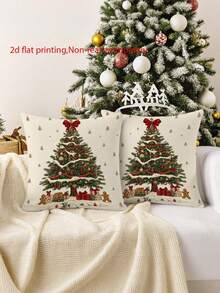 1/2/4Pcs Retro Snowy Christmas Tree Decorative Pillow Cover,Gingerbread Man Gift Box Snowy Xmas Tree Print Cushion Case,Cozy Farmhouse Xmas Home Decor - Multicolor - View 8
