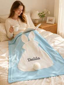1pc Customized Name Embroidered 3D Rabbit Applique Knitted Blanket, Shaped Pattern With Pom Pom Tail And Ribbed Hem, 3 Colors Available, Suitable For Home Space, Sofa Bedroom Living Room Decorative Blanket, Ideal Holiday Gift For Family Members - Multicolor - View 8