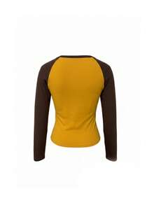 Kaos Wanita Lengan Panjang Bahu Persegi Motif Blok Warna, Atasan Slim Fit Pendek dengan Desain Cetak - Kuning - View 7