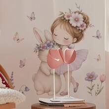 1pc 2D Rabbit Wall Sticker With Butterfly And Flower Surround, Soft And Sweet Self-Adhesive Decor - Multicolor - View 4