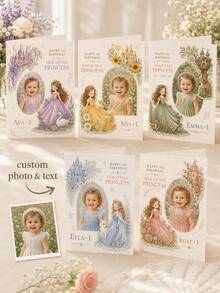 Custom Photo First Birthday Greeting Card, Personalized Picture Card With Princess Castle, Purple Floral And Swan Theme, Baby Girl 1st Birthday Celebration Card, Keepsake Gift For Daughter, Granddaughter, Niece, Family And Friends - Multi-color - View 1