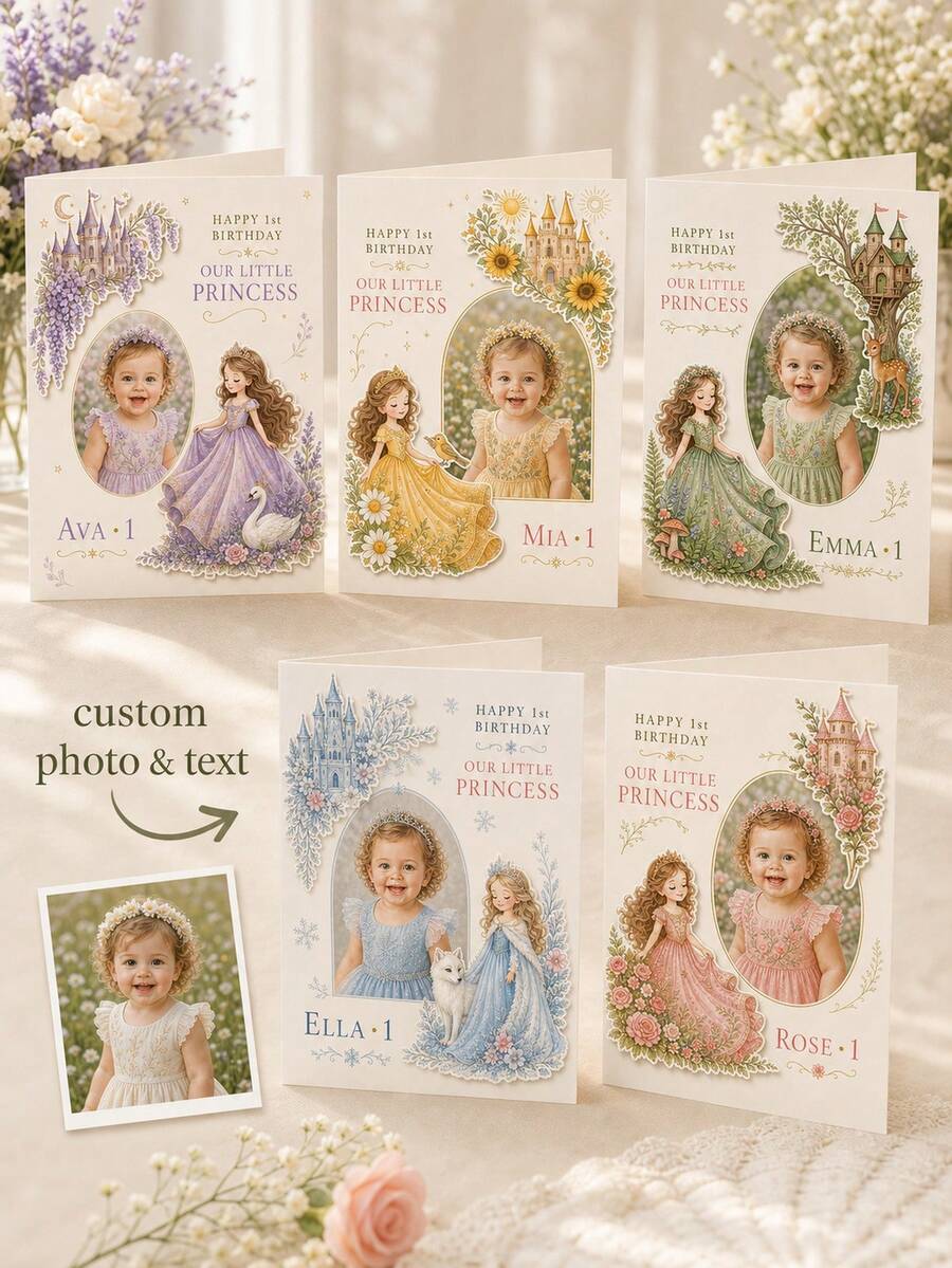 Custom Photo First Birthday Greeting Card, Personalized Picture Card With Princess Castle, Purple Floral And Swan Theme, Baby Girl 1st Birthday Celebration Card, Keepsake Gift For Daughter, Granddaughter, Niece, Family And Friends - Multi-color - View 1
