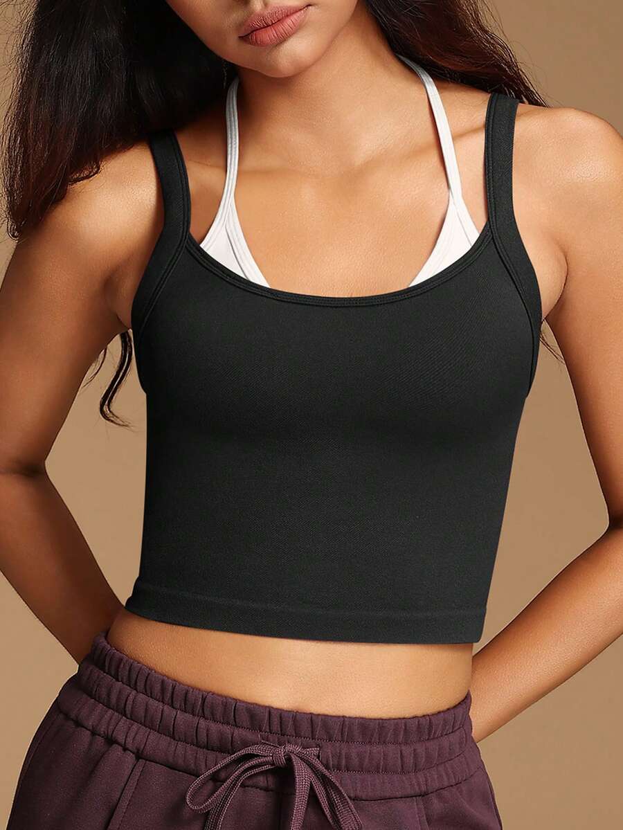 VVX Women Color Block Halter Neck Yoga Crop Tops Sexy Backless Workout Sports Top Y2K Casual Contrast Color Soft For Gym Daily Wear All Seasons - Black - View 1