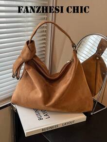 Tote Bag, Minimalist Aesthetic Crossbody Hobo Bag With Side Bow Accessory, Contrast Color Metal Rivet Buckle, Detachable Shoulder Strap, Soft Slouchy Lazy Silhouette, Zipper Closure, Women's Student Campus Commute Handbag Shoulder Large Bag - Brown - View 8