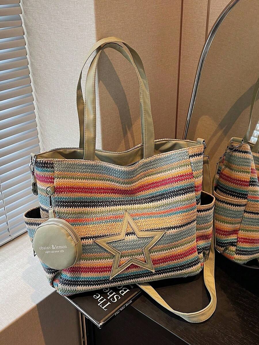 Nueva bolsa de tela de paja a rayas de colores con estampado de estrella y monedero para mujeres TNNM - 2 - Ver 1