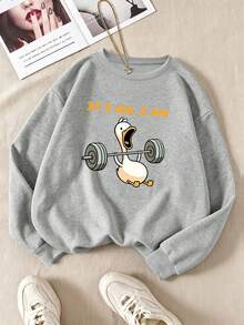 Plus-Size Women's Casual Sporty Crewneck Sweatshirt With A Fun Weightlifting Duck "If I Die, I Die" Slogan Graphic Print Perfect For Autumn And Winter - Grey - View 8