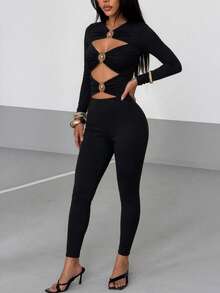 AiTyi Designer Metal Buckle Hollow Long Sleeve Fitted Jumpsuit, High Elasticity Slim Fit, Back To School Autumn Party Y2K Style - Black - View 6