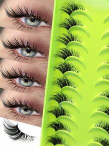 10 Pairs Half Eyelashes, Tail Extended Cat Eye Fox Eye Eyelashes, Outer Corner Extended Style, Daily Reusable False Eyelashes, Long Soft 3D Faux Mink Hair Eyelash Extensions For Makeup - Black - View 1
