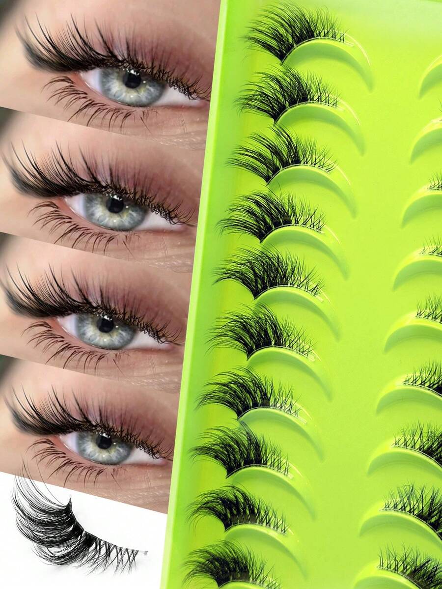 10 Pairs Half Eyelashes, Tail Extended Cat Eye Fox Eye Eyelashes, Outer Corner Extended Style, Daily Reusable False Eyelashes, Long Soft 3D Faux Mink Hair Eyelash Extensions For Makeup - Black - View 1