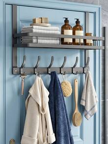 Carbon Steel Over Door Storage Rack With Hooks, Fits Bath Towels, Shampoo Bottles, Bath Loofahs And Cleaning Supplies. Perfect For Home Bathroom, Keeps Toiletries Well‑Arranged For Tidy‑Looking Bathing Area. - Multicolor - View 7