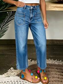 Celana Jeans Wanita Nyaman, Modis, Motif Kumis Kucing Biru, Model Sobek, Elastis, Kasual, Potongan Pendek, Kaki Lebar, Cocok untuk Liburan Musim Gugur - Biru - View 6