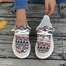 Women's Vintage Western Random Print Canvas Shoes, Spring/Autumn New Style, American Casual Slip-On Slouchy Shoes, Versatile Flat Loafers - Khaki - View 6