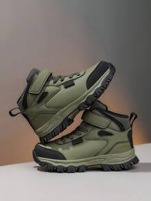 1 Pair Boys' Leather Patchwork Waterproof Non-Slip Mid-Top Convenient Hook & Loop Outdoor Children's Sports Shoes Suitable For Spring And Autumn - Dark Green - View 2