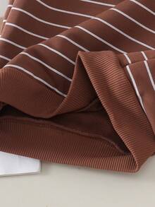 2pcs Baby Girl Casual Retro Striped 3D Knit Flower Decor Peter Pan Collar Long Sleeve Sweatshirt & Matching Straight Leg Pants Set, Spring/Autumn - Mocha Brown - View 5