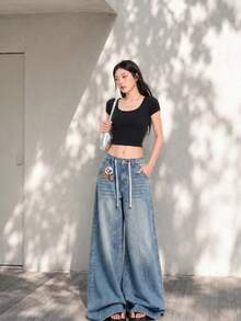 YEAE | Celana Jeans Denim Wanita Biru Gaya Kerja Amerika, Desain Longgar, Niche Slimming, Celana Panjang Hingga Lantai - Medium Wash - View 2