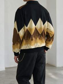 Men's Zippered Diamond Quilted Patchwork Casual Loose Fit Sweatshirt - Multicolor - View 5