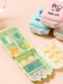 8格便攜式多層藥盒，印有「Happy Pills」文字，旅行防潮收納盒，可重複使用藥丸整理盒，適合男女使用，每日藥物計畫袋，旅行醫療包，便攜急救包，居家、旅行、宿舍必備配件，適用於維生素、藥物和營養補充品，戶外、辦公室、學校必備 - 彩色 - 查看 9