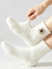 1/3 Pairs Women Warm Fuzzy Crew Socks, Cute 3D Flower Decor Cozy Fluffy Plush Socks, Soft Winter Home Sleeping Slipper Socks - Multicolor - View 11