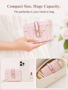 Floral PU Leather Short Wallet, Heart Buckle Card Holder With Pearl Shoulder Strap, Cute Coin Purse With Card Slots - Multicolor - View 8