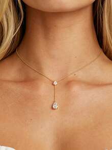 outingfit 1pc Fashionable Double Water Drop Y-Shaped Pendant Necklace, Girls Graduation Prom Evening Party Accessory, Wedding Gift, Daily Date Jewelry - Teardrop Pendant - View 4