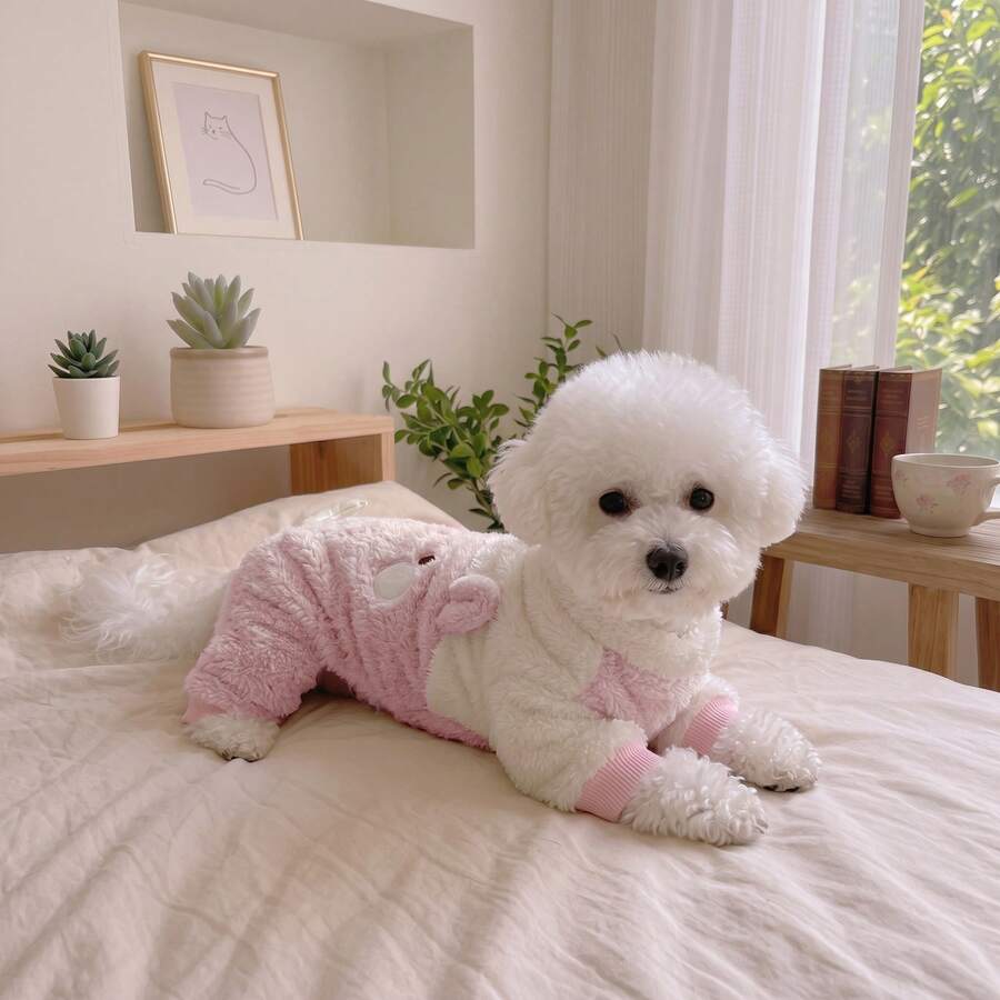 雙色毛絨連身寵物套裝,可愛動物圖案配3D耳朵,厚實保暖秋冬四足狗衣,適合小型與中型犬 - 粉色 - 查看 1