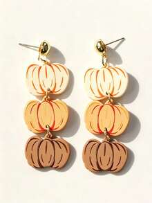 1 Pair Autumn Pumpkin Dangle Earrings, 3-Layer Colorful Pumpkin Drop Earrings, Thanksgiving Harvest Festival Costume Accessory - Style 1 - View 3