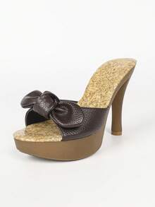 Women Brown Bow Decor Platform Stiletto Heel Mule Sandals, Open Toe Backless Slip‑On Heeled Slides For Summer Daily Dating Night Club Evening Party - Coffee Brown - View 3