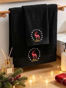 QIBHI 100%純棉聖誕毛巾/浴巾，刺繡彩色鹿純色，1件浴巾或1件毛巾，吸水柔軟，聖誕禮物，聖誕鹿，居家節日慶祝裝飾 - 黑色 - 查看 5