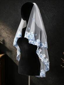 Fresh Blue Floral Embroidered Double Layer Veil, Vintage Mori Style Outdoor Wedding Bridal Face Veil Photography Styling Accessory - Multicolor - View 7