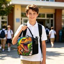 Roaring Tyrannosaurus Rex Jungle Print Boys Lunch Bag, Black Zipper Handbag With Top Handle, Shoulder Strap And Side Mesh Pocket, Suitable For School Use - DINOSAUR-18 - View 8