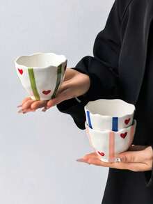 1pc Classic Colorful Striped Heart Handheld Coffee Mug, Ins Style Personalized Hand-Painted Ceramic Cup, Exquisite Highly Attractive Tea Cup, Suitable For Espresso And Tea - Multicolor - View 8