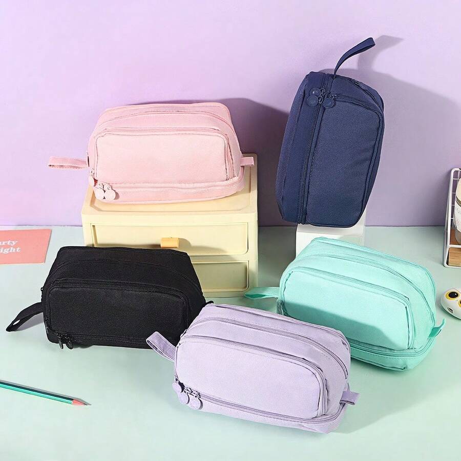 2Pcs Large Capacity Pencil Case, Multi‑Compartment Double Zipper Handheld Stationery Pouch, Big Opening Pen Storage Bag With Handle For Students Back To School Supplies