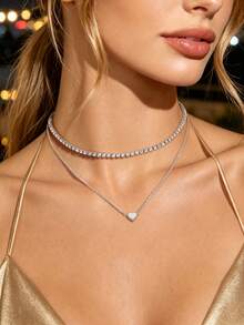 2pcs/Set Heart Decorative Necklace Valentine's Day - Silver - View 1