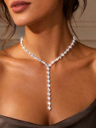 Glamorous Sparkling Rhinestone Necklace, Fashion Bohemian Collarbone Chain Necklace Jewelry, Bridal Wedding Party Jewelry Necklace Accessory